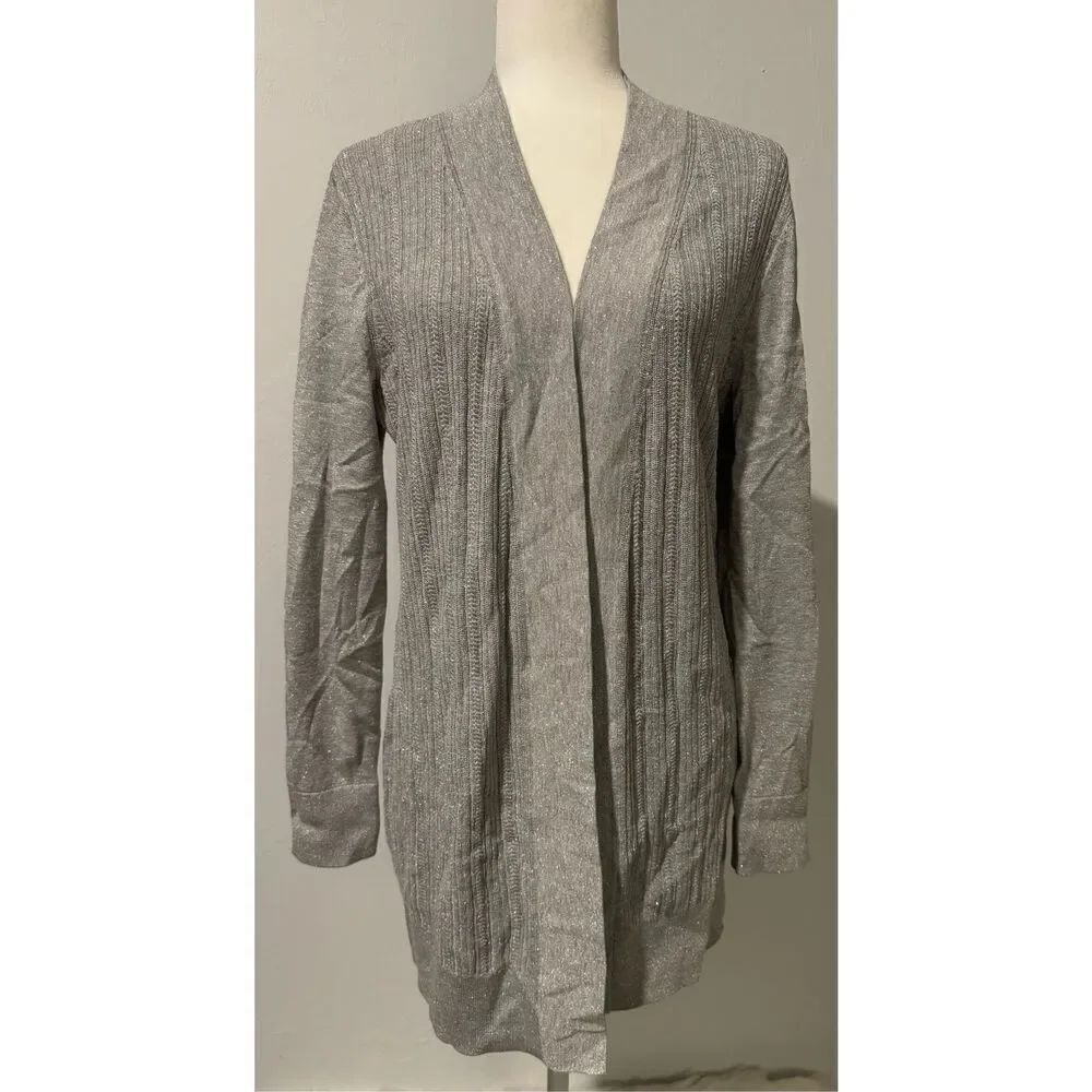 Talbots silver metallic open front cardigan L